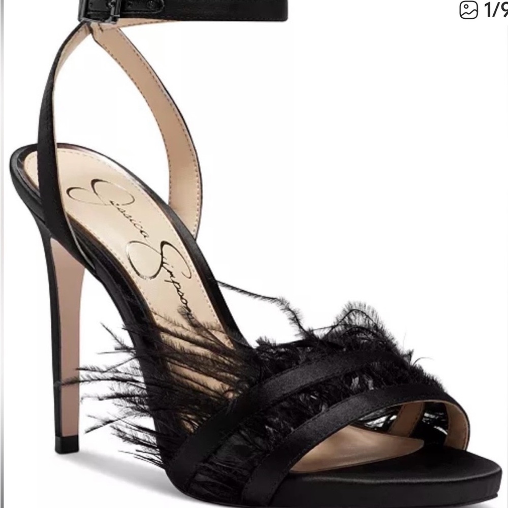 Jessica Simpson Black Feather-Trim Ankle-Strap Stiletto